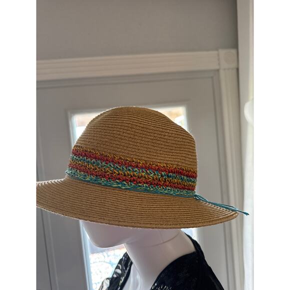 Scala Handmade Wide Brim Sun Hat Natural with Multicolor Band One Size - Picture 2 of 5